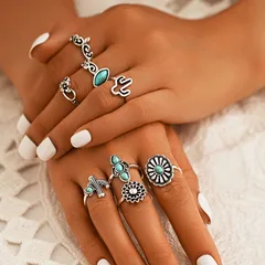 New Combined Ring Set Retro Personalized Turquoise Cactus Flower 8 Pieces Suit Jewelry Factory Direct Sales