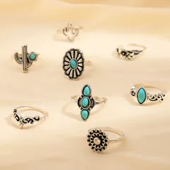 New Combined Ring Set Retro Personalized Turquoise Cactus Flower 8 Pieces Suit Jewelry Factory Direct Sales 2