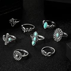 New Combined Ring Set Retro Personalized Turquoise Cactus Flower 8 Pieces Suit Jewelry Factory Direct Sales 4