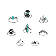 New Combined Ring Set Retro Personalized Turquoise Cactus Flower 8 Pieces Suit Jewelry Factory Direct Sales 5