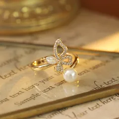 New Simple Butterfly Design Ring Trendy Pearl Finger Ring Women's Fashion Jewelry Classic Elegance Alloy Ins Style Ring