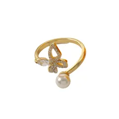 New Simple Butterfly Design Ring Trendy Pearl Finger Ring Women's Fashion Jewelry Classic Elegance Alloy Ins Style Ring 5