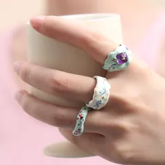 New Style Handmade Drip Oil Open Ring Women's 3D Versatile Cute Design Sense Alloy Gold Foil Print Ring Fashion Jewelry 3
