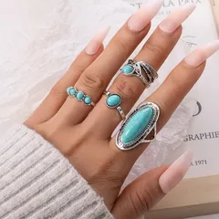 4-piece Set Vintage Bohemian Style Feather Green Turquoise Ring European Style Combination Ring Women's Vintage Print Jewelry