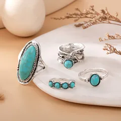 4-piece Set Vintage Bohemian Style Feather Green Turquoise Ring European Style Combination Ring Women's Vintage Print Jewelry 2