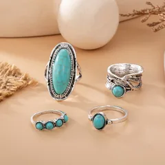 4-piece Set Vintage Bohemian Style Feather Green Turquoise Ring European Style Combination Ring Women's Vintage Print Jewelry 3