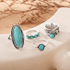 4-piece Set Vintage Bohemian Style Feather Green Turquoise Ring European Style Combination Ring Women's Vintage Print Jewelry 4