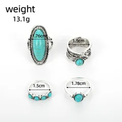 4-piece Set Vintage Bohemian Style Feather Green Turquoise Ring European Style Combination Ring Women's Vintage Print Jewelry 5