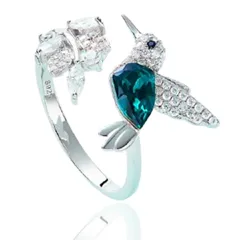 Novelty Silver Bird Open Ring For Women, Platinum Plated With Rhinestones, 1 Piece