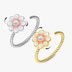 Daisy Open Ring In Natural Pink Enamel With Imitation Pearl Inlay, Electroplated Copper Unisex Anxiety Jewelry