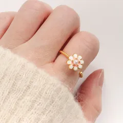 Daisy Open Ring In Natural Pink Enamel With Imitation Pearl Inlay, Electroplated Copper Unisex Anxiety Jewelry 2