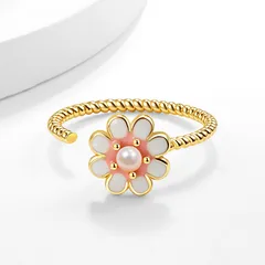 Daisy Open Ring In Natural Pink Enamel With Imitation Pearl Inlay, Electroplated Copper Unisex Anxiety Jewelry 3