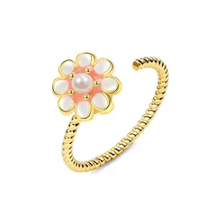 Daisy Open Ring In Natural Pink Enamel With Imitation Pearl Inlay, Electroplated Copper Unisex Anxiety Jewelry 5