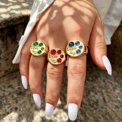 Oval Adjustable Ring For Women In Golden Plated Copper With Zircon Inlay, Electroplated Finish