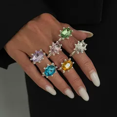 Oval Open Ring For Women In Gold Zinc Alloy With Claw Setting And Rhinestones Inlay 2