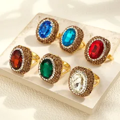 Oval Open Ring For Women 14K Real Gold Plated Alloy With Glass Inlay Featuring 0.03µm Thickness, 1 Pc/Package