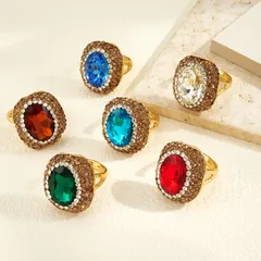 Oval Open Ring For Women 14K Real Gold Plated Alloy With Glass Inlay Featuring 0.03µm Thickness, 1 Pc/Package 2
