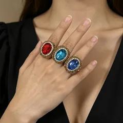 Oval Open Ring For Women 14K Real Gold Plated Alloy With Glass Inlay Featuring 0.03µm Thickness, 1 Pc/Package 3