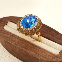 Oval Open Ring For Women 14K Real Gold Plated Alloy With Glass Inlay Featuring 0.03µm Thickness, 1 Pc/Package 4