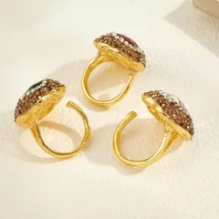 Oval Open Ring For Women 14K Real Gold Plated Alloy With Glass Inlay Featuring 0.03µm Thickness, 1 Pc/Package 5