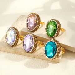 Oval Open Ring For Women, 1 Pc Package, Alloy Material With 22K Real Gold Plated Coating 0.03µm And Glass Inlay 2