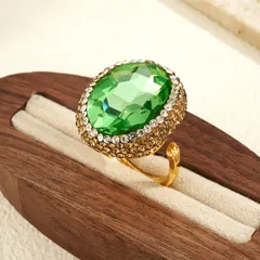 Oval Open Ring For Women, 1 Pc Package, Alloy Material With 22K Real Gold Plated Coating 0.03µm And Glass Inlay 3