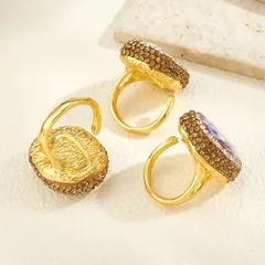 Oval Open Ring For Women, 1 Pc Package, Alloy Material With 22K Real Gold Plated Coating 0.03µm And Glass Inlay 4