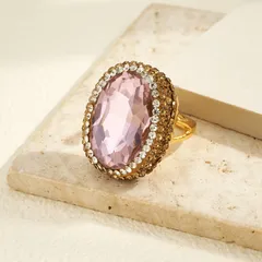 Oval Open Ring For Women, 1 Pc Package, Alloy Material With 22K Real Gold Plated Coating 0.03µm And Glass Inlay 5