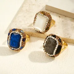 Oval Open Ring For Women Featuring 14K Real Gold Plated Alloy With Glass Inlay And 0.03µm Thickness, 1 Pc/Package 3