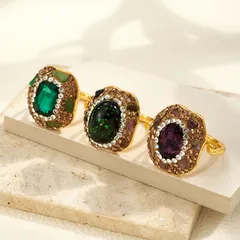 Oval Open Ring For Women 22K Real Gold Plated Alloy With Glass Inlay, 0.03µm Thickness, 1 Pc/Package 2