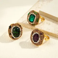 Oval Open Ring For Women 22K Real Gold Plated Alloy With Glass Inlay, 0.03µm Thickness, 1 Pc/Package 3