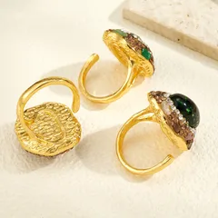 Oval Open Ring For Women 22K Real Gold Plated Alloy With Glass Inlay, 0.03µm Thickness, 1 Pc/Package 5