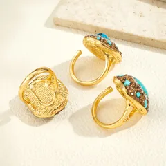 Oval Open Ring For Women, 1 Pc Package, Alloy Material With 22K Real Gold Plated 0.03µm Thickness And Rhinestones Inlay 4