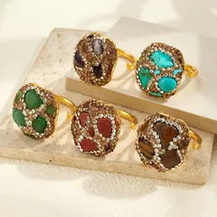 Oval Open Ring For Women, 22K Real Gold Plated Alloy With Natural Stone Inlay, 0.03µm Thickness, 1 Pc/Package