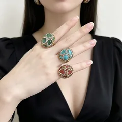 Oval Open Ring For Women, 22K Real Gold Plated Alloy With Natural Stone Inlay, 0.03µm Thickness, 1 Pc/Package 2