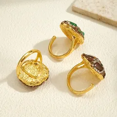 Oval Open Ring For Women, 22K Real Gold Plated Alloy With Natural Stone Inlay, 0.03µm Thickness, 1 Pc/Package 3
