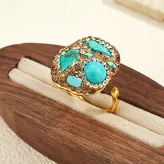 Oval Open Ring For Women, 22K Real Gold Plated Alloy With Natural Stone Inlay, 0.03µm Thickness, 1 Pc/Package 4