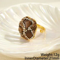 Oval Open Ring For Women, 22K Real Gold Plated Alloy With Natural Stone Inlay, 0.03µm Thickness, 1 Pc/Package 5