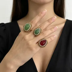 Oval Open Ring For Women 1 Pc Package Alloy 22K Real Gold Plated With 0.03µm Thickness And Natural Stone Inlay