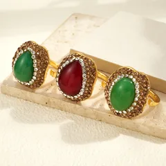 Oval Open Ring For Women 1 Pc Package Alloy 22K Real Gold Plated With 0.03µm Thickness And Natural Stone Inlay 2