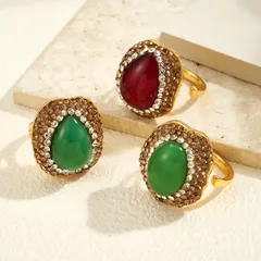 Oval Open Ring For Women 1 Pc Package Alloy 22K Real Gold Plated With 0.03µm Thickness And Natural Stone Inlay 3