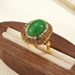 Oval Open Ring For Women 1 Pc Package Alloy 22K Real Gold Plated With 0.03µm Thickness And Natural Stone Inlay 4