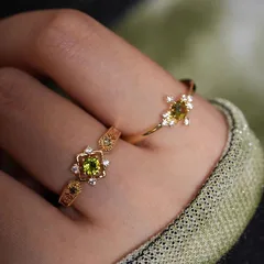 Oval Peridot Ring For Women, 2 Pieces Set Open Rings In Green With Zircon Inlay, Alloy Material