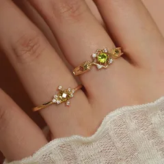 Oval Peridot Ring For Women, 2 Pieces Set Open Rings In Green With Zircon Inlay, Alloy Material 2