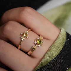 Oval Peridot Ring For Women, 2 Pieces Set Open Rings In Green With Zircon Inlay, Alloy Material 3