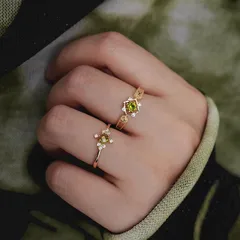 Oval Peridot Ring For Women, 2 Pieces Set Open Rings In Green With Zircon Inlay, Alloy Material 4