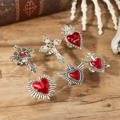 Personality Retro Gothic Skull Cross High-End Heart Pendant Alloy Rhinestone Silver-Plated Open Ring For Women Halloween Novelty Design 2
