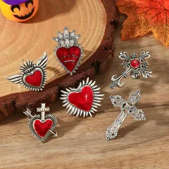 Personality Retro Gothic Skull Cross High-End Heart Pendant Alloy Rhinestone Silver-Plated Open Ring For Women Halloween Novelty Design 3