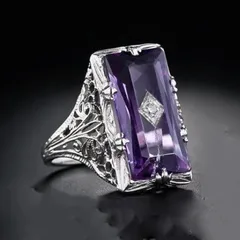 Princess Style Indented Hollow Out Rectangle Purple Quartz Ring Fashionable Geometric Alloy Women's Ring Elegant Finger Accessory