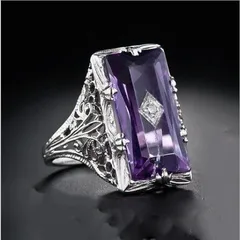 Princess Style Indented Hollow Out Rectangle Purple Quartz Ring Fashionable Geometric Alloy Women's Ring Elegant Finger Accessory 3